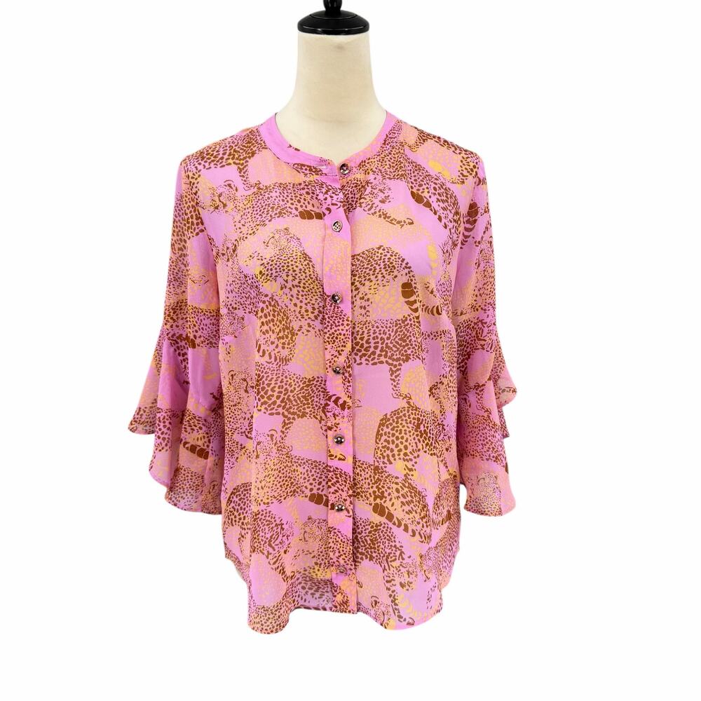 Cabi 5711 Minx Lilac Purple Cheetah Leopard Animal Ruffle Sleeve Sheer Blouse